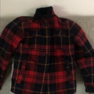 American Eagle Outfitters Red & Navy Plaid Kids Pea Coat